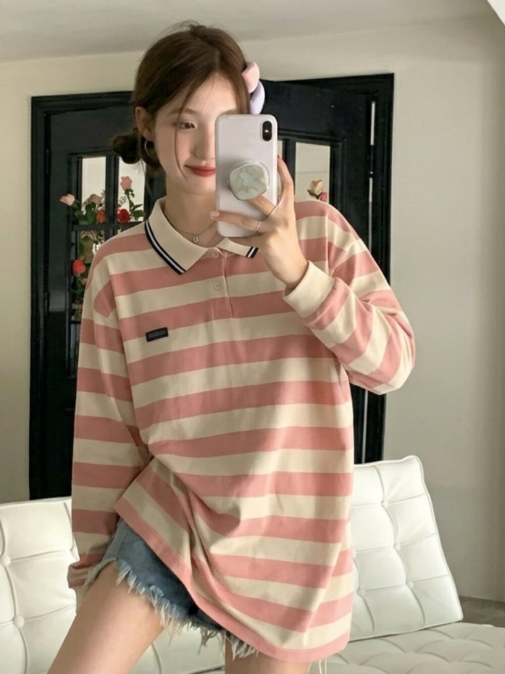 Korean Streetwear Cream & Dusty Rose Stripe Long Sleeve Polo M